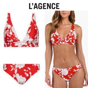 L'AGENCE Lexie Bikini Top Nicole Bottoms in Red/Ivory Ikebana Floral Set L NWT